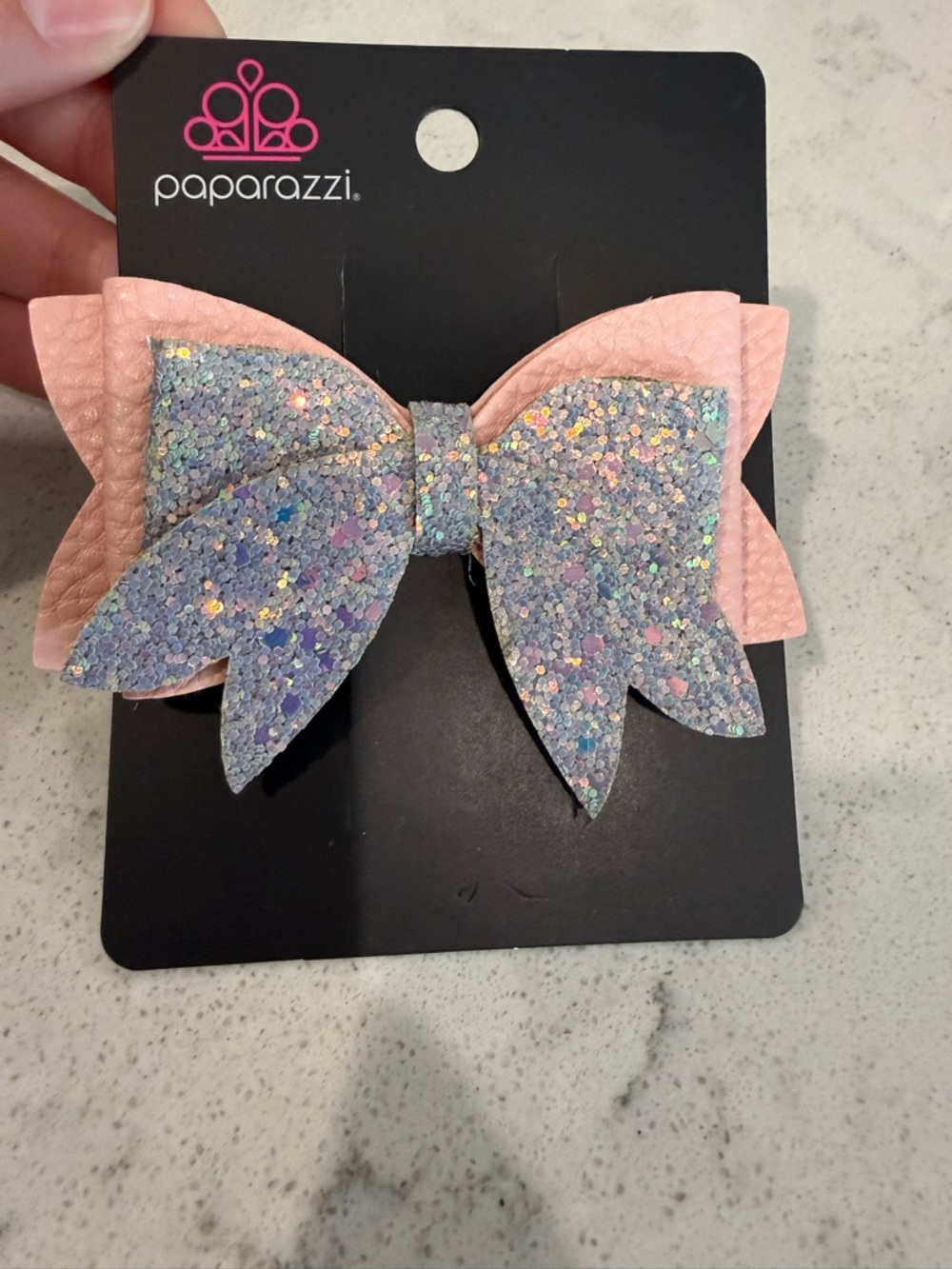 paparazzi Pink Faux Leather Bow with Iridescent Glitter Overlay